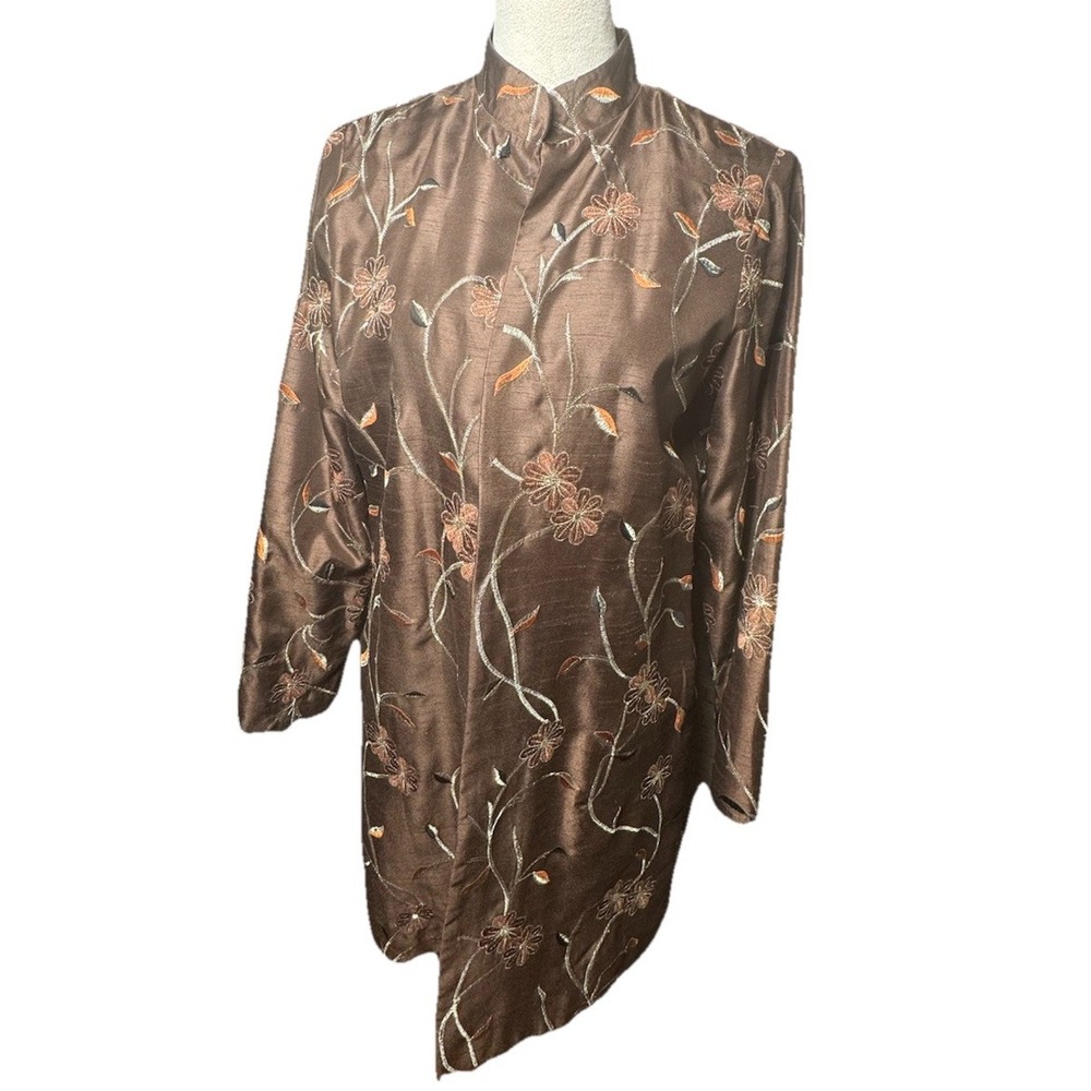 Vintage Victor Costa Womens Embroidered Long Top Coat Brown Mandarin Collar Sz M
